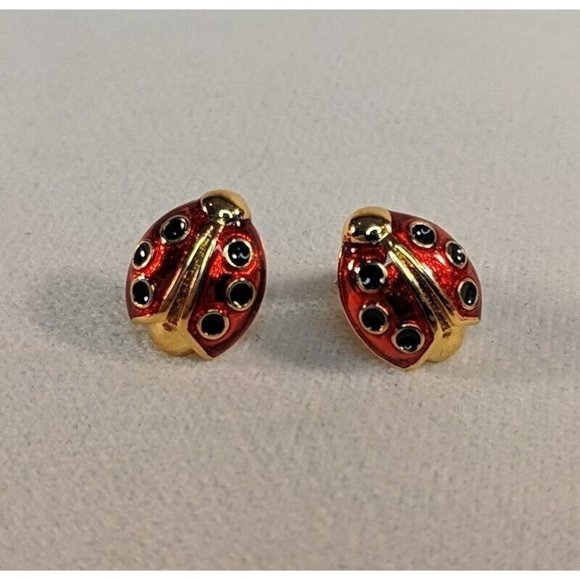 Vintage 1980 Ladybug Gold Tone Red Black Enamel Lady bug Avon Earrings Studs - Picture 1 of 6